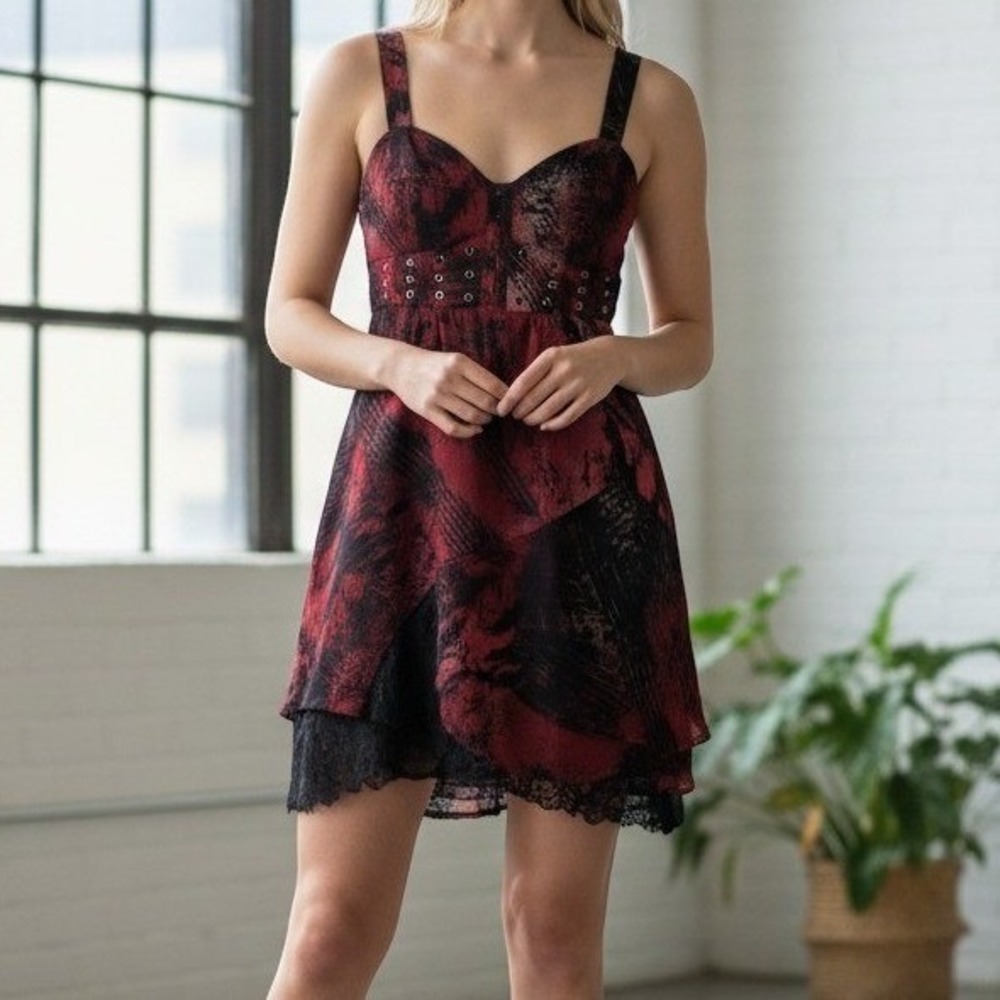 Vintage Y2K Red Black Abstract Print Whimsygoth Mini Dress Grunge Lace Sz 1 XS